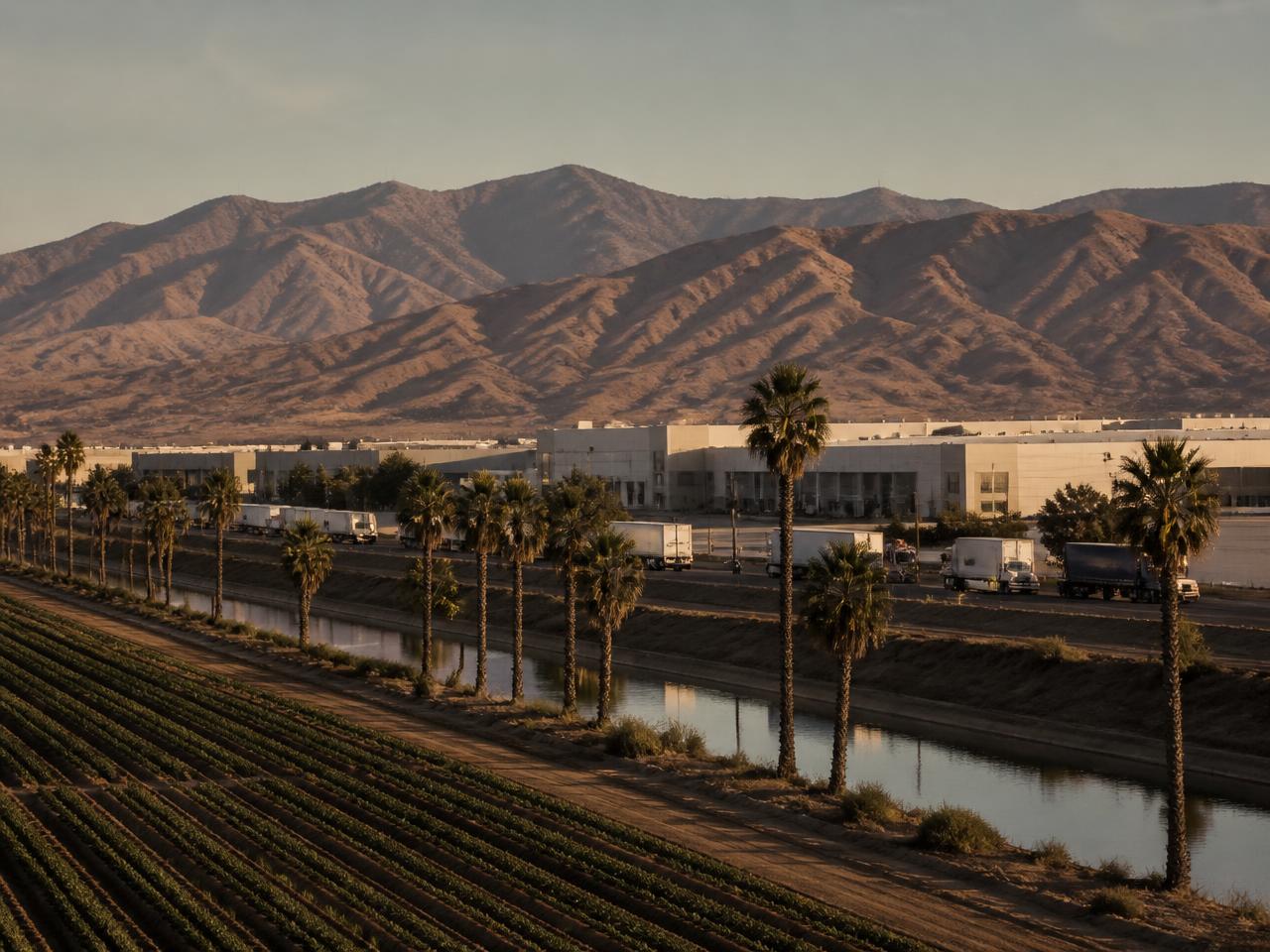 Southern California farmland, irrigation canal, and distribution warehouses below dry mountains