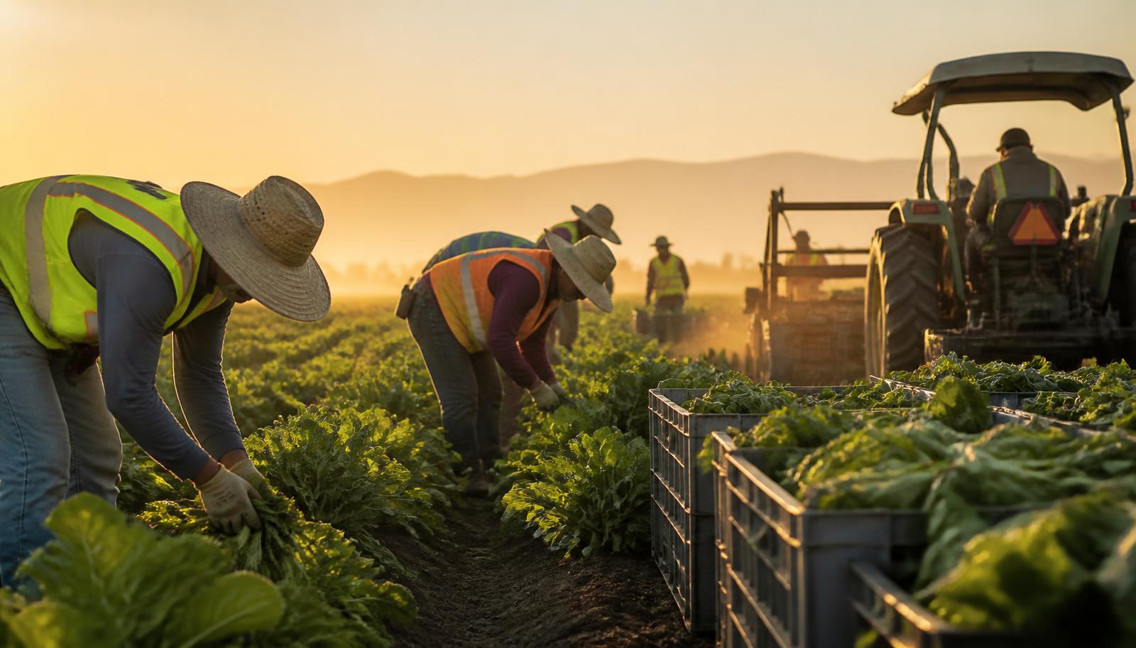 Harvest crew picking produce in a farm field at sunrise