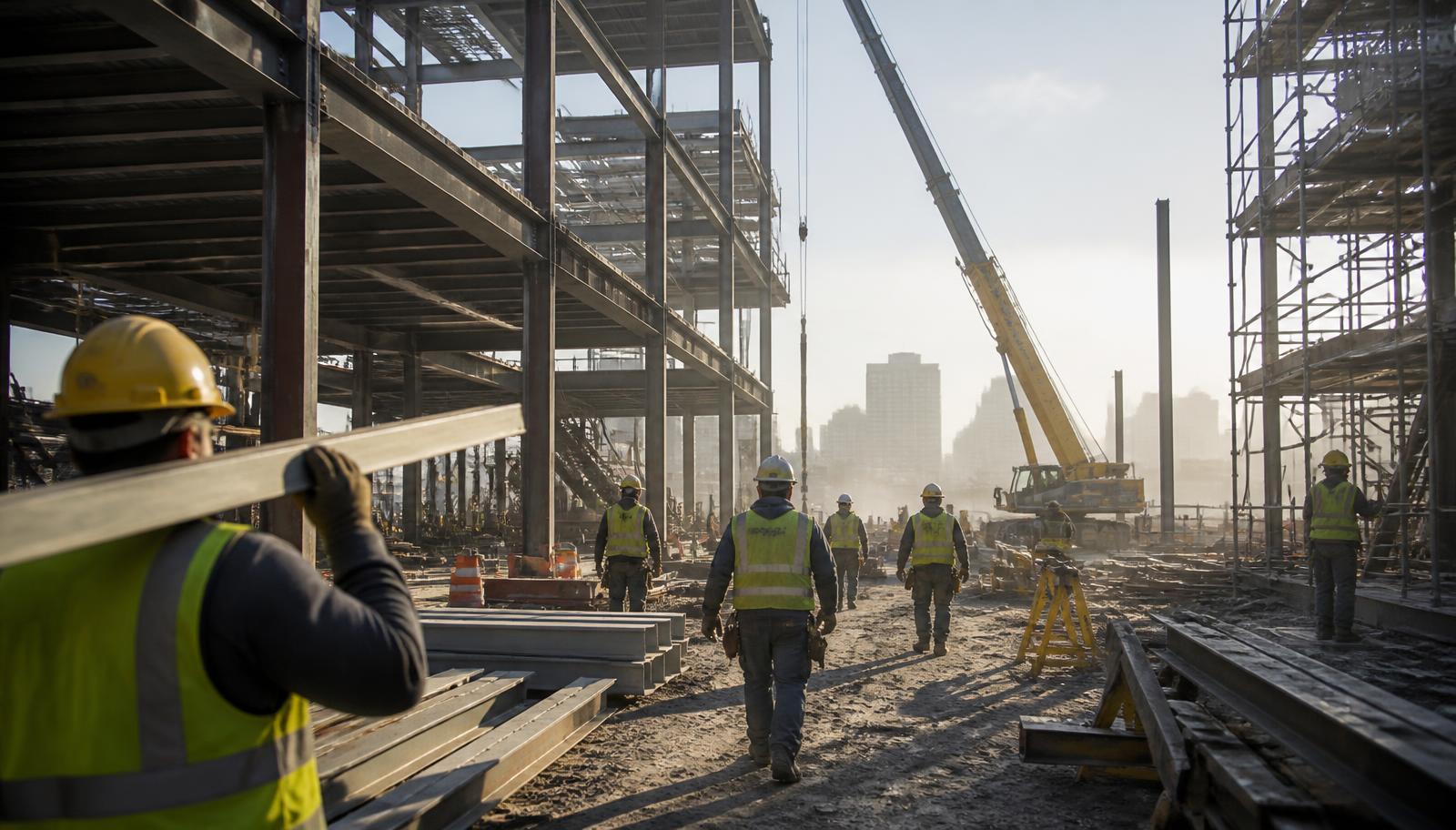 Construction laborers and trades working around steel framing on a job site