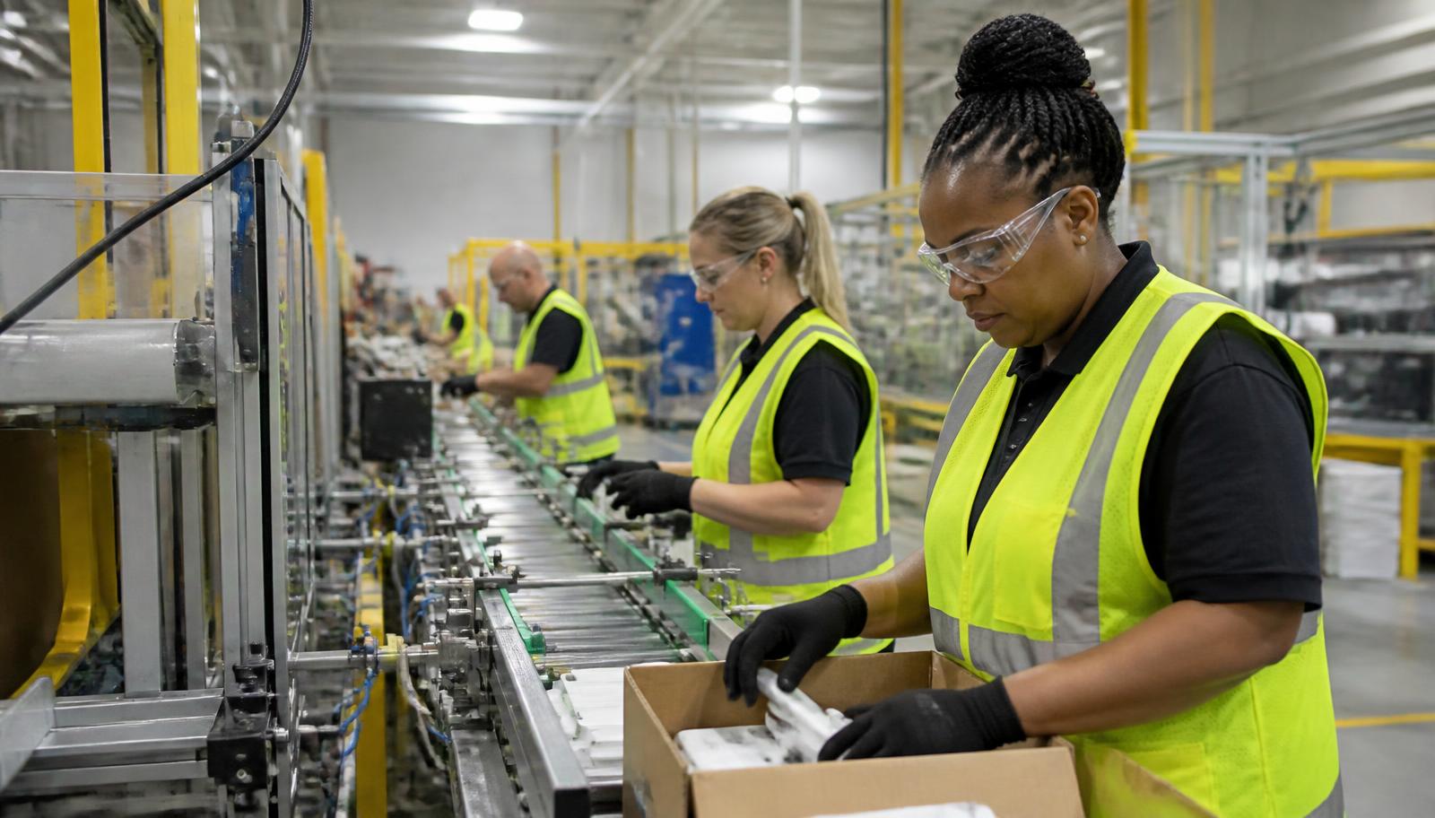 Production workers in safety vests on a light manufacturing assembly line
