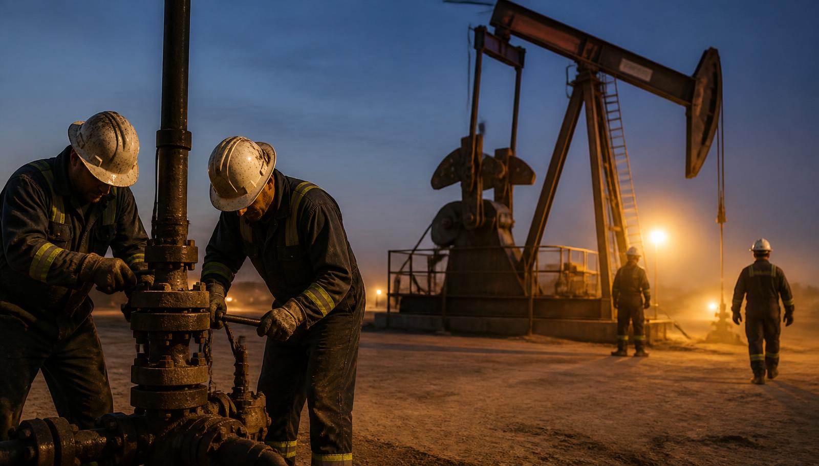 Oil field crew working a wellhead near a pump jack at dusk